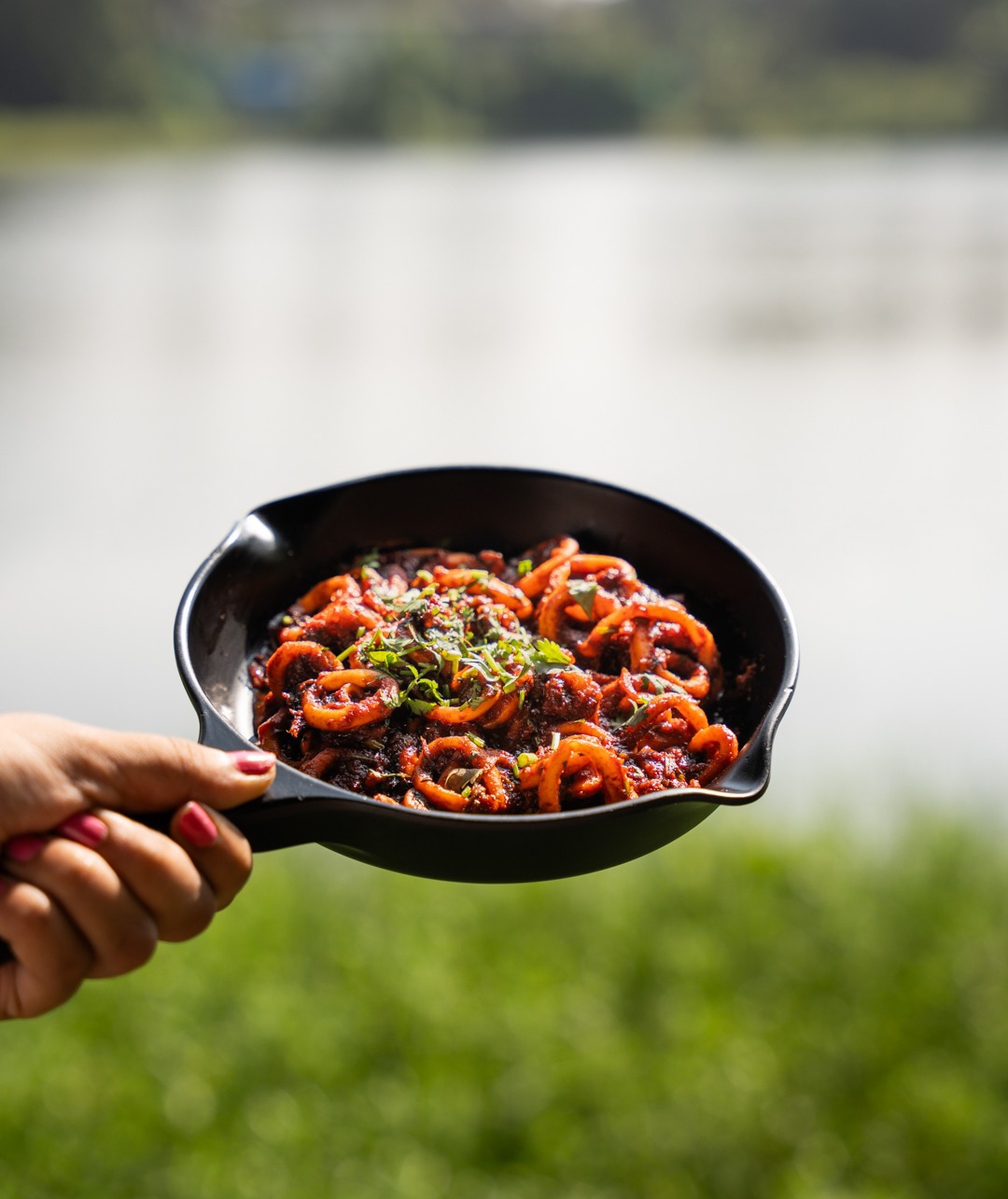 Goan masala squid rings by the lake
